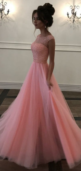 Elegant Beaded Long Prom Dresses, 2020 Prom Dresses, Cap Sleeves Prom Dresses