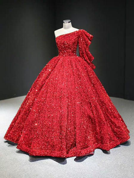 One Shoulder Sequins A-line Shiny Prom Dresses, Luxury Fashion 2021 Long Prom Dresses