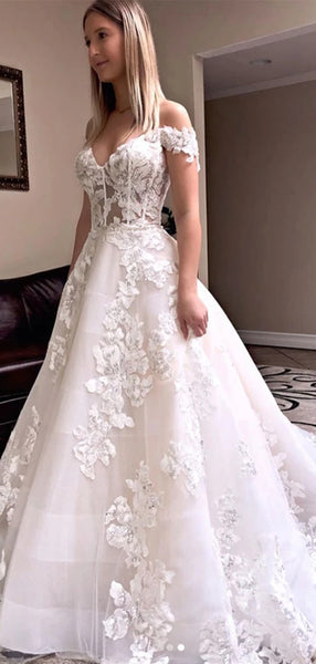 2020 Off The Shoulder Long Wedding Dresses, Elegant A-line Lace Wedding Dresses