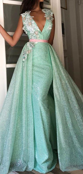 2020 Popular Shiny Long Prom Dresses, Appliques Mermaid Prom Dresses, Fancy Prom Dresses