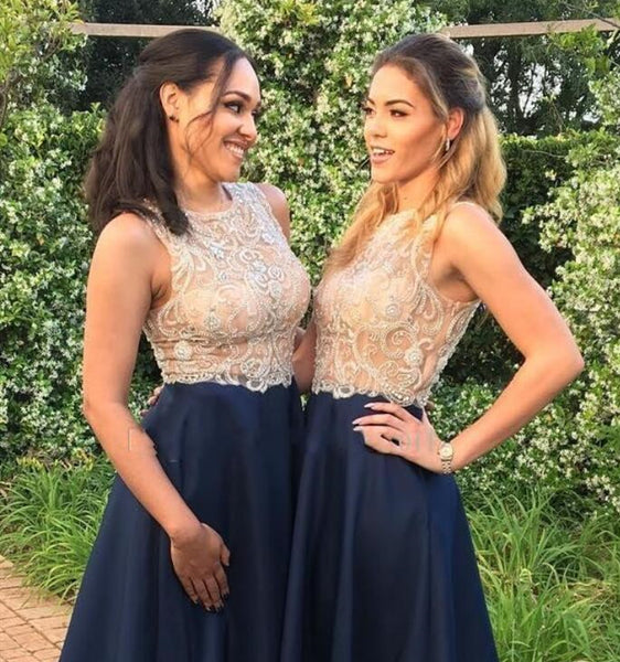 Round Neck Long A-line Navy Satin Bridesmaid Dresses, Lace Beaded Bridesmaid Dresses, Prom Dresses