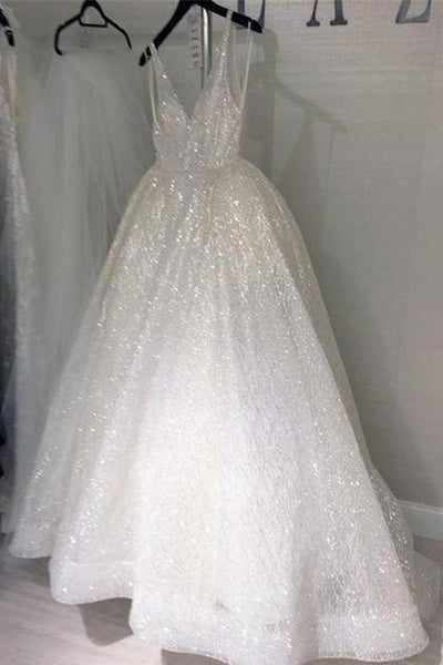 V-neck Long A-line Sparkle Wedding Dresses