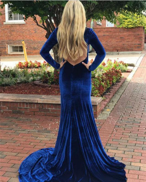 Long Sleeves Velvet Prom Dresses, Royal Blue Open Back Prom Dresses, Prom Dresses