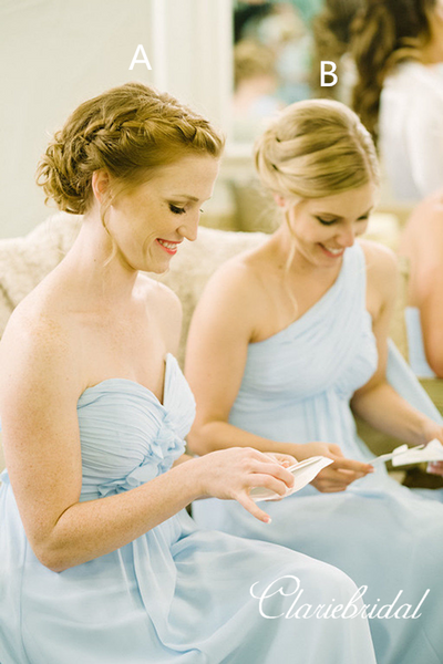 Mismatched Blue Chiffon A-line Long Bridesmaid Dresses