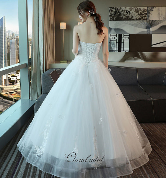 Sweetheart Strapless A-line Wedding Dresses, Beaded Lace Fancy Wedding Dresses