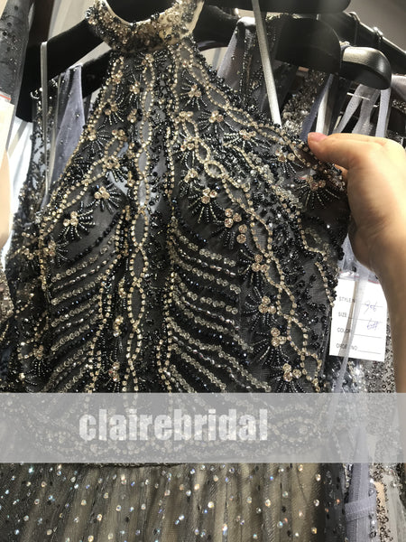 New Claire Design Dark Grey Rhinestone Beaded Long Prom Dresses, Chic Prom Dresses