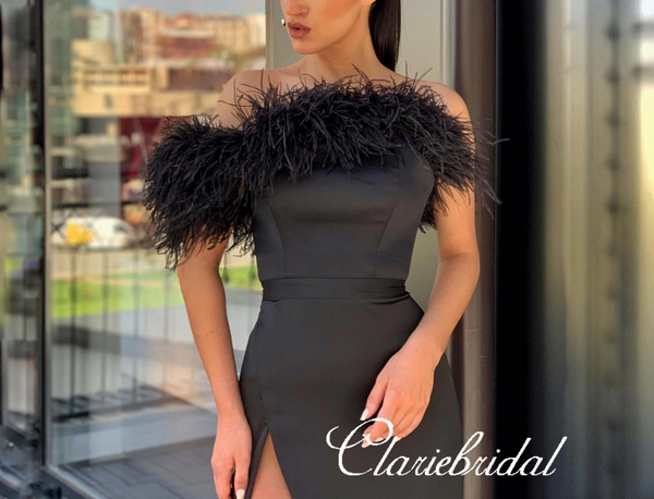 Off Shoulder Long Sheath Black Feather Satin Prom Dresses, Side Slit Long Prom Dresses, Prom Dresses
