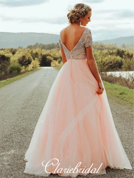 Short Sleeves Long Prom Dresses, Peach Tulle Rhinestone Beaded Prom Dresses, Long Prom Dresses