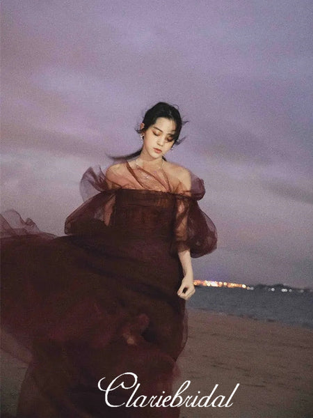 Off Shoulder Long A-line Prom Dresses, Maroon Tulle Prom Dresses, Fluffy Long Prom Dresses