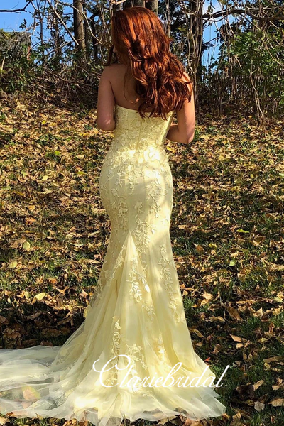Strapless Long Mermaid Prom Dresses, Yellow Lace Tulle Prom Dresses, Side Slit Prom Dresses