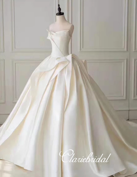 Strapless Long Ball Gown Wedding Dresses, Ivory Satin Wedding Dresses, Chic Long Wedding Dresses