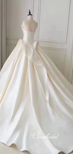 Strapless Long Ball Gown Wedding Dresses, Ivory Satin Wedding Dresses, Chic Long Wedding Dresses