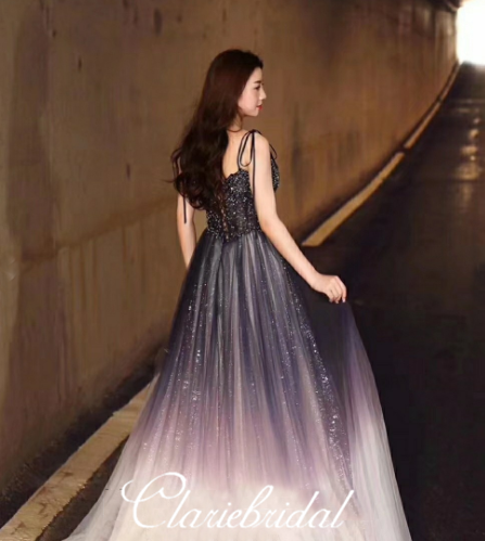 Spaghetti Long A-line Gradient Sequin Tulle Beaded Prom Dresses, Long Prom Dresses, Newest Claire Design Prom Dresses