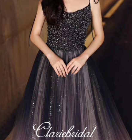 Spaghetti Long A-line Gradient Sequin Tulle Beaded Prom Dresses, Long Prom Dresses, Newest Claire Design Prom Dresses
