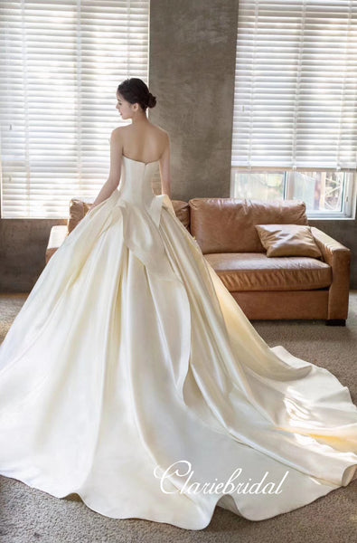 Strapless Long Ball Gown Wedding Dresses, Ivory Satin Wedding Dresses, Chic Long Wedding Dresses