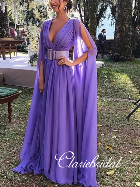 V-neck Long A-line Chiffon Prom Dresses, Long Prom Dresses, 2020 Prom Dresses, Cheap Prom Dresses
