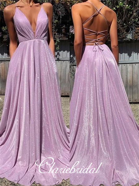 Deep V-neck Long A-line Lilac Shemmering Prom Dresses, Long Prom Dresses, Lace Up Prom Dresses