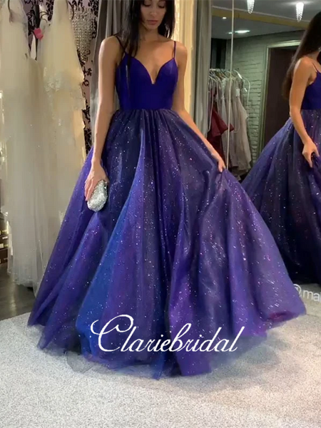 Spaghetti Long A-line Shiny Sequin Prom Dresses, Tulle Prom Dresses, Sparkle Prom Dresses