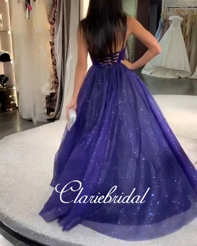 Spaghetti Long A-line Shiny Sequin Prom Dresses, Tulle Prom Dresses, Sparkle Prom Dresses