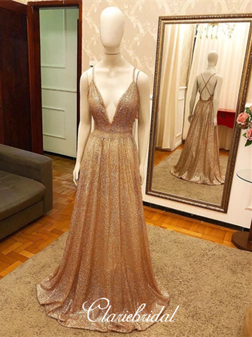 Cross Back Long A-line Sequin Tulle Prom Dresses, Sparkle Prom Dresses, Long Prom Dresses