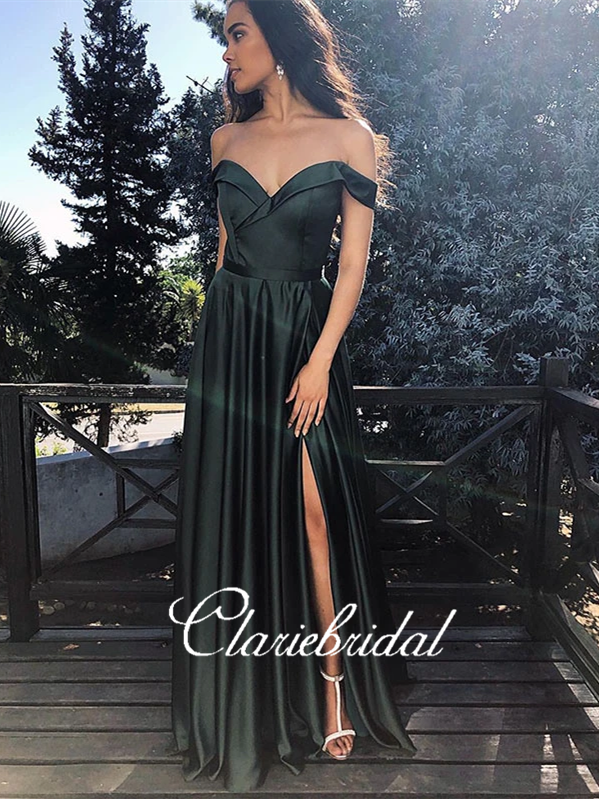 Off Shoulder Long Prom Dresses, Side Slit Prom Dresses, Long Prom Dresses, Simple A-line Prom Dresses