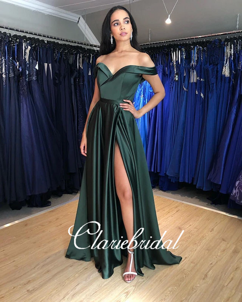 Off Shoulder Long Prom Dresses, Side Slit Prom Dresses, Long Prom Dresses, Simple A-line Prom Dresses