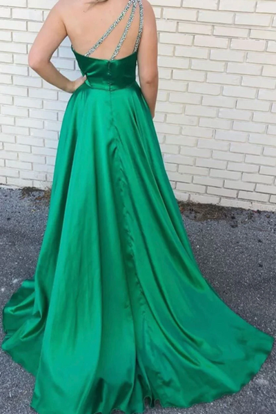 One Shoulder Green Satin Prom Dresses, Beaded Lovely Prom Dresses, Prom Dresses