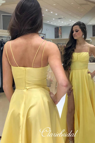 Lovely Simple Yellow Elastic Satin Prom Dresses With Pockets, Long Prom Dresses, High Slit Prom Dresses