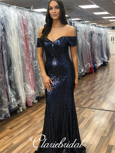 Off Shoulder Navy Sequin Prom Dresses, Mermaid Prom Dresses, Long Prom Dresses