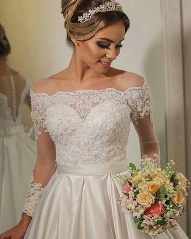 Off Shoulder Long Sleeves Wedding Dresses, Ivory Wedding Dresses, Lace Wedding Dresses