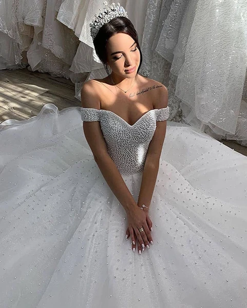 Off Shoulder Long A-line Wedding Dresses, Beaded Wedding Dresses, Lace Up Wedding Dresses