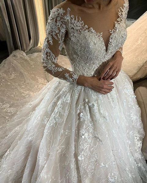 V-neck Long Sleeves Lace Tulle Wedding Dresses, Long Wedding Dresses, Elegant Long Wedding Dresses