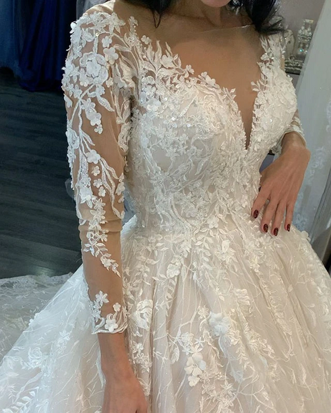 V-neck Long Sleeves Lace Tulle Wedding Dresses, Long Wedding Dresses, Elegant Long Wedding Dresses