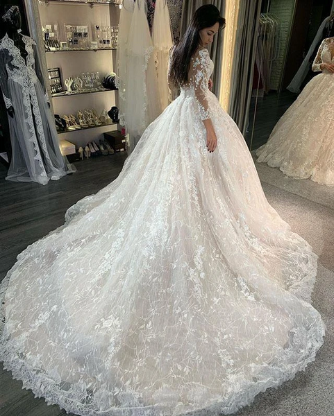 V-neck Long Sleeves Lace Tulle Wedding Dresses, Long Wedding Dresses, Elegant Long Wedding Dresses