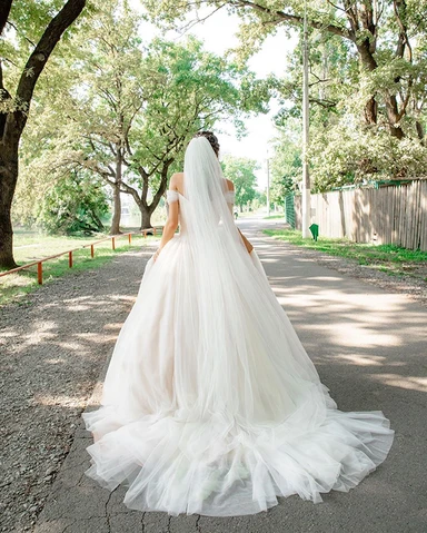 Off Shoulder Tulle Long A-line Wedding Dresses, Little Train Wedding Dresses, Long Wedding Dresses