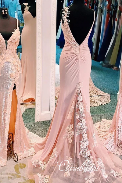 Blush Pink Jersey Appliques Prom Dresses, Mermaid Prom Dresses, Long Prom Dresses