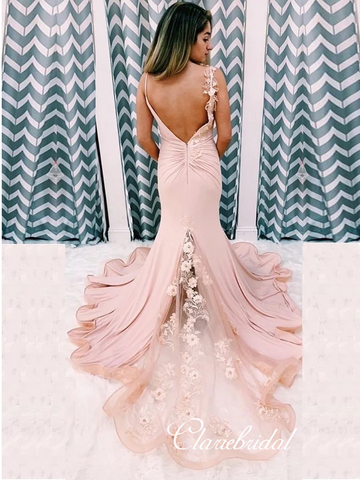 Blush Pink Jersey Appliques Prom Dresses, Mermaid Prom Dresses, Long Prom Dresses
