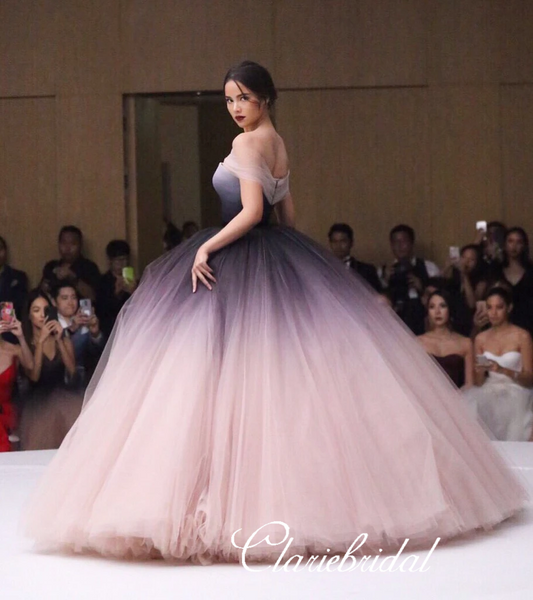 Off Shoulder Obrem Prom Dresses, Long A-line Tulle Prom Dresses, Fluffy Prom Dresses