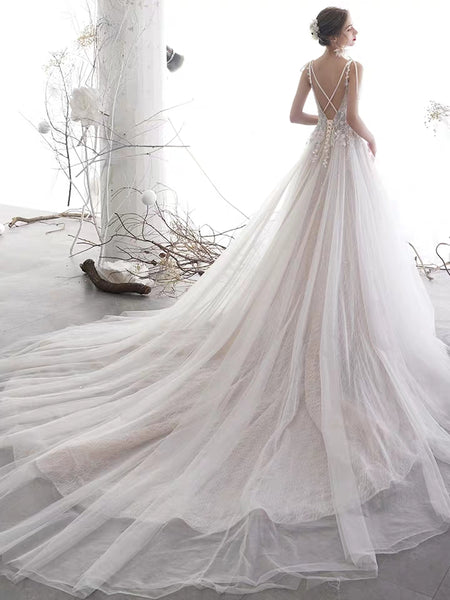 Ivory Lace Tulle Wedding Dresses, Long Wedding Dresses, Romantic Wedding Dresses