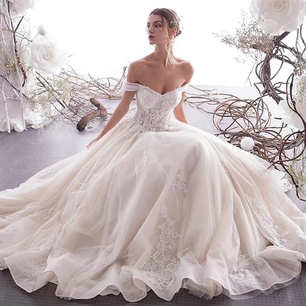 Off Shoulder A-line Lace Appliques Wedding Dresses, Lace Up Elegant Wedding Dresses