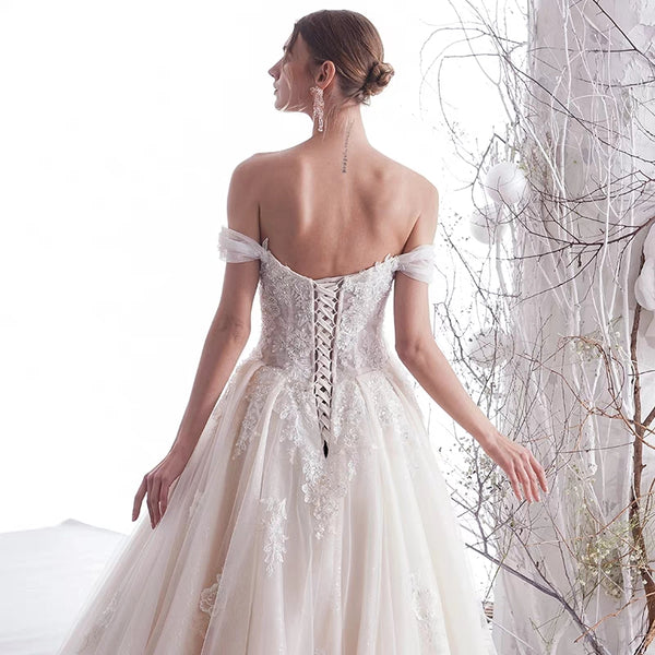 Off Shoulder A-line Lace Appliques Wedding Dresses, Lace Up Elegant Wedding Dresses