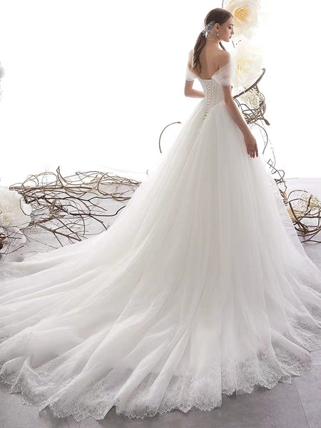 Light Ivory Tulle Wedding Dresses, Lace Edge Bridal Gown, Newest Wedding Dresses