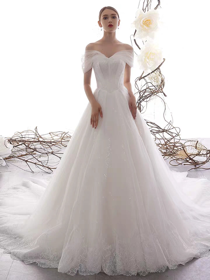 Light Ivory Tulle Wedding Dresses, Lace Edge Bridal Gown, Newest Wedding Dresses