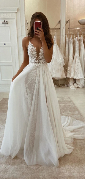 Spaghetti Long A-line Tulle Lace Wedding Dresses, Romantic Wedding Dresses, Bridal Gown