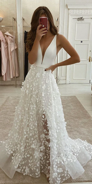 Deep V-neck Long A-line Lace Appliques Wedding Dresses, Organza Wedding Dresses, 2020 Wedding Dresses