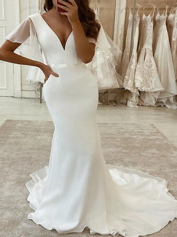 V-neck Long Mermaid Simple Chiffon Wedding Dresses, Long Wedding Dresses, Popular Bridal Gown