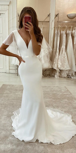 V-neck Long Mermaid Simple Chiffon Wedding Dresses, Long Wedding Dresses, Popular Bridal Gown