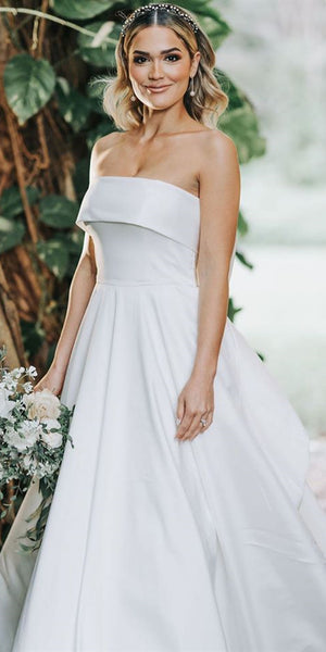 Strapless Long A-line Satin Wedding Dresses, Simple Elegant Wedding Dresses, Bridal Gown