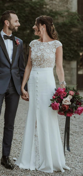 Cap Sleeves Lace Jersey Wedding Dresses, Long Wedding Dresses, Bridal Gown, 2020 Wedding Dresses