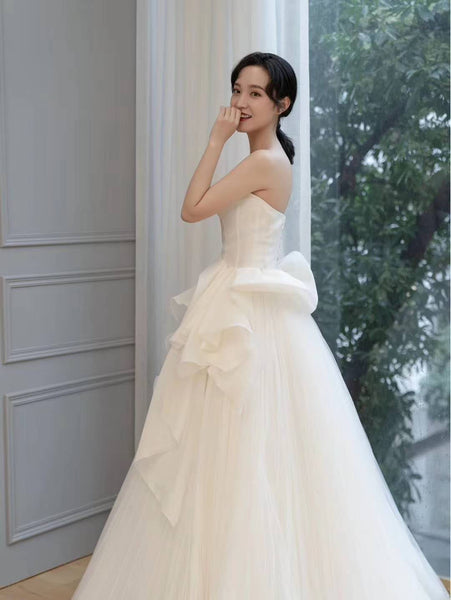 Strapless Tulle Organza Wedding Dresses, Romantic Long Wedding Dresses, Bridal Gown